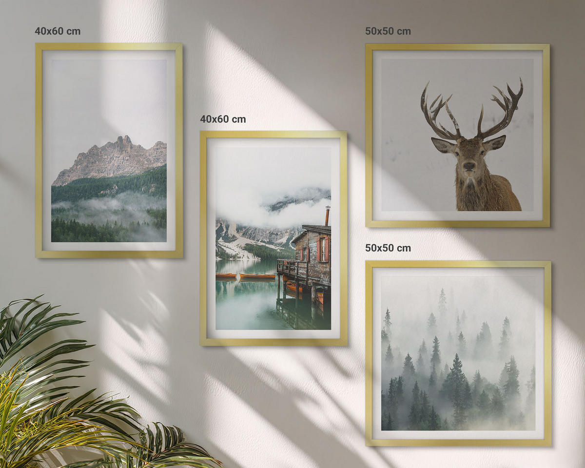 WANDBILDER 4er Set - 50x50 cm & 40x60 cm Goldrahmen - Berge, See, Hirsche, Hütte, Nebel - Goldfarben, Kunststoff (50/50cm) - ArtPrintCave