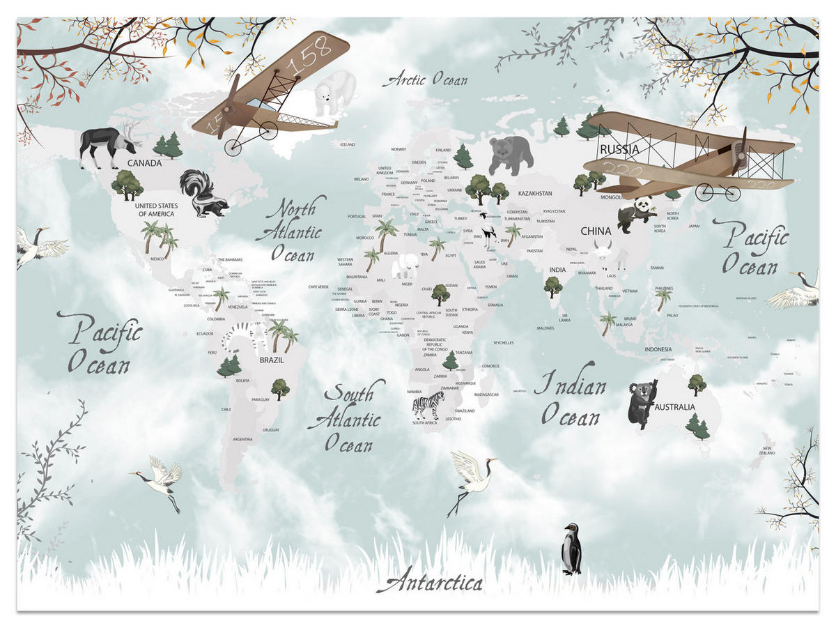 FOTOTAPETE für Kinderzimmer Weltkarte Tiere Flugzeuge Pflanzen 400x280 - Blau/Beige, Papier (400/280cm) - Muralo