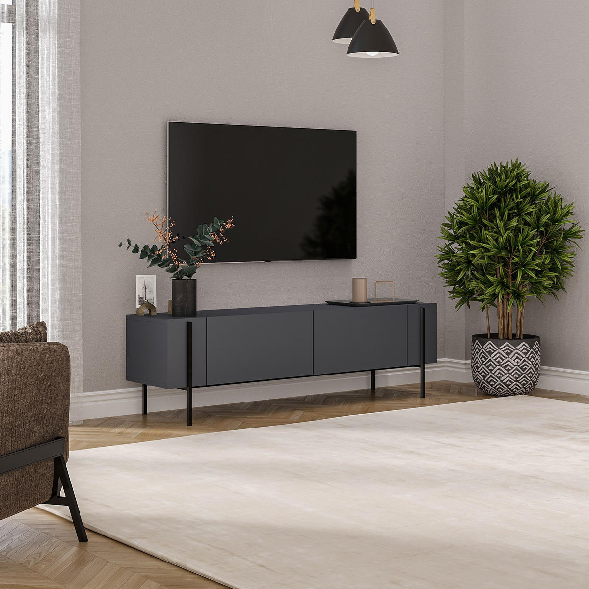 TV-MÖBEL Herman Anthrazit - Grau, Holz (160/45.6/31.4cm) - Habitat Garten