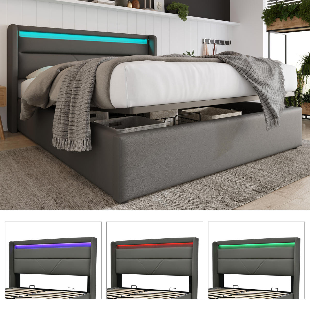 POLSTERBETT aus PU 140x200 cm Grau mit LED-Beleuchtung, Fernbedienung und hydraulischem Bettkasten - Grau, Leder (140/200cm) - IVMEU