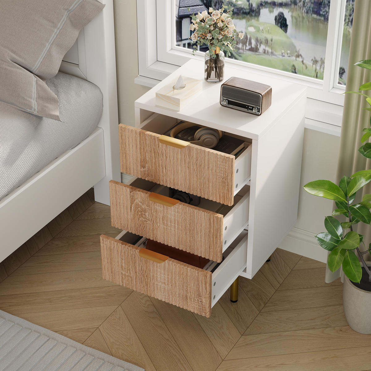 NACHTTISCH 2er Set 3 Schubladen Holz weiß Holzoptik - Weiß, Holz (40/65/40cm) - LEBENLANG