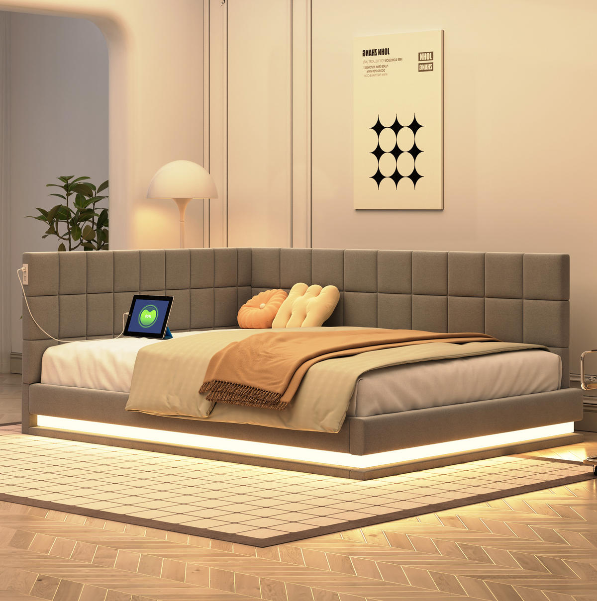 POLSTERBETT mit LED-Beleuchtung 140/200 cm mit USB und Lattenrost - Grau, Textil (140/200cm) - BEAOK