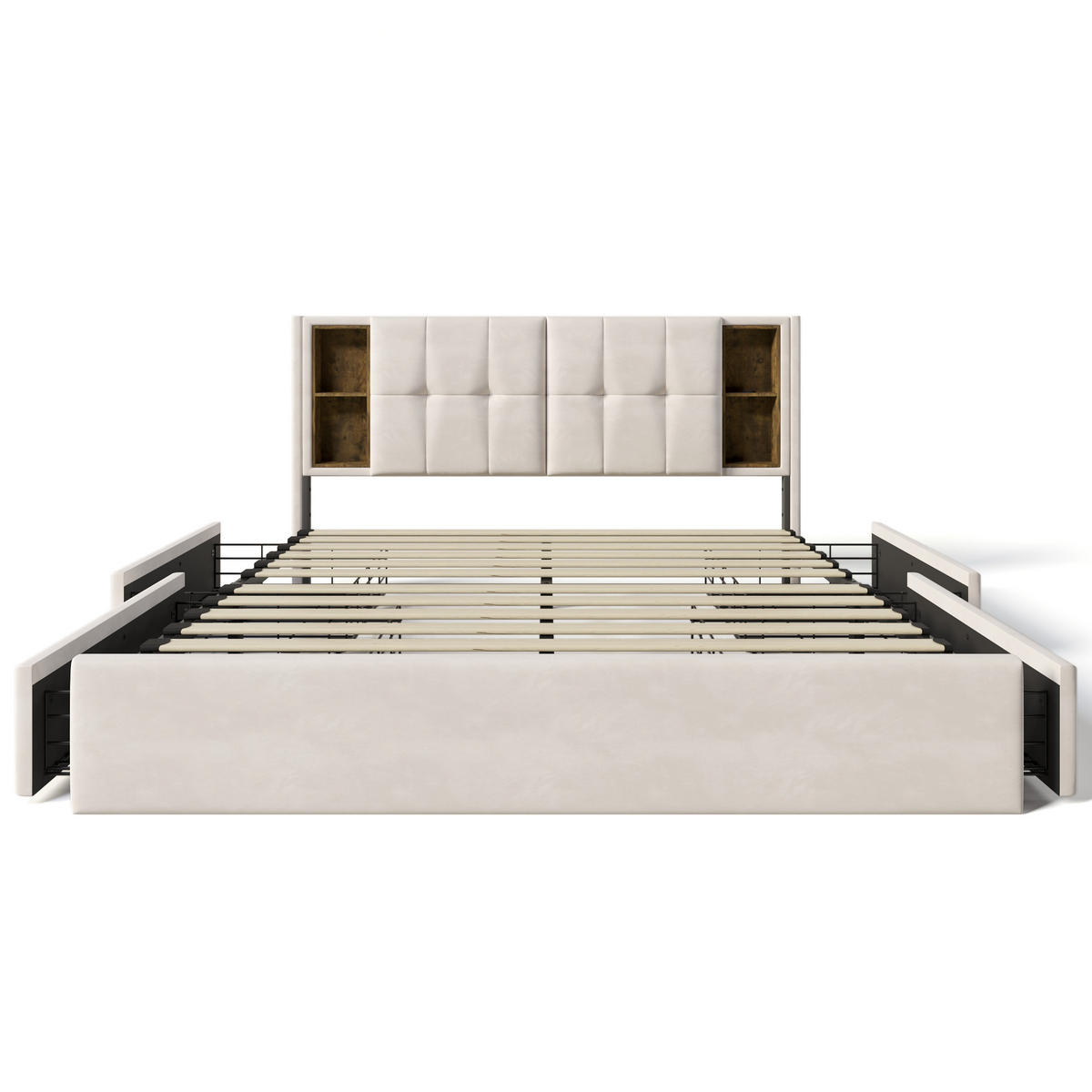 POLSTERBETT 160/200 cm Beiger Samt mit Kabellosem Laden und 4 Schubladen - Beige, Textil (160/200cm) - OKWISH