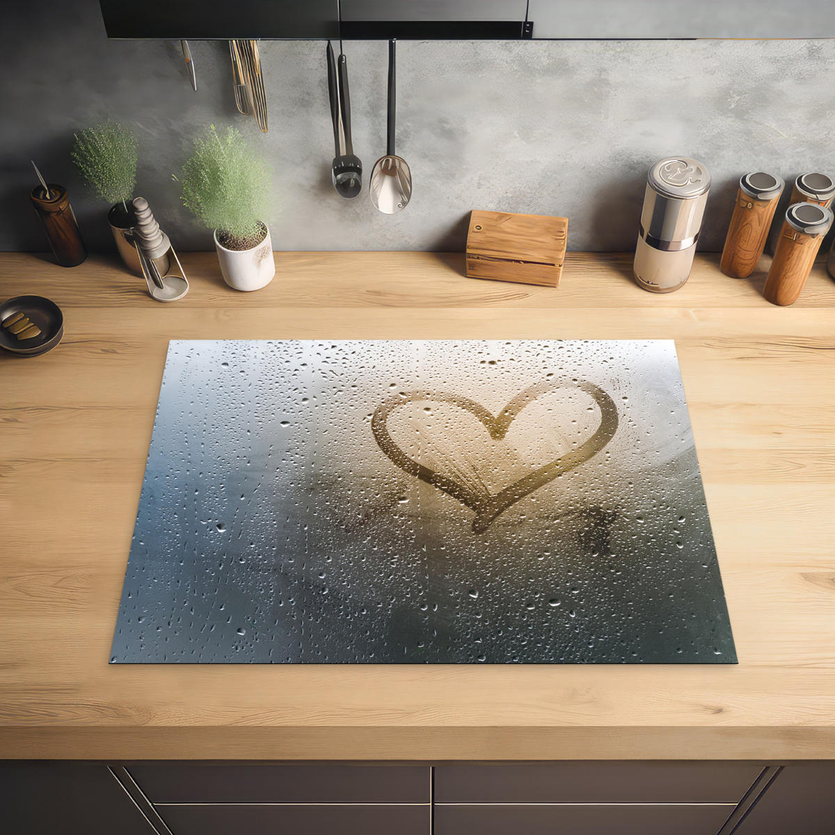 HERDABDECKPLATTE Herz - Kondenswasser - Wasser - 3D Induktionsmatte 71x52 cm - Grau, Kunststoff (71/52/0.2cm) - MuchoWow
