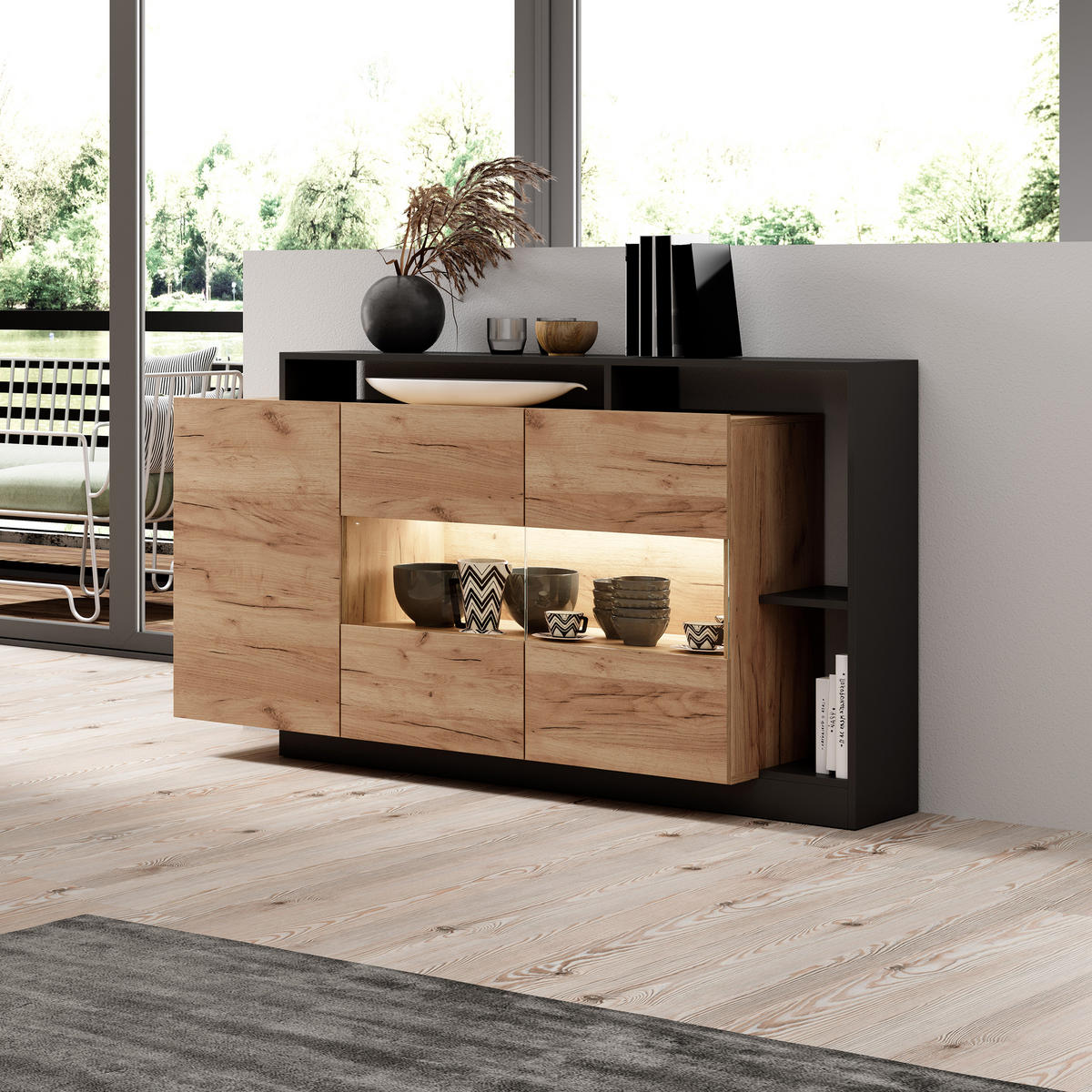 SIDEBOARD ALBINA 155/94/44 cm mit 3 Türen Orange - Anthrazit/Orange, Holzwerkstoff (155/94/44cm) - MASSENO