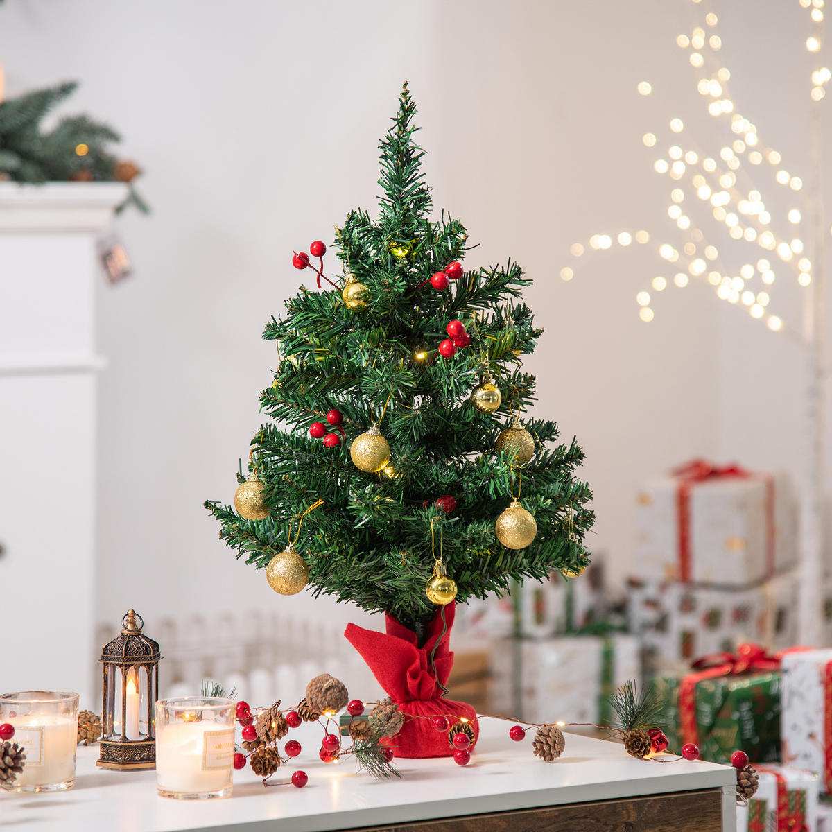 WEIHNACHTSBAUM DE-41614 Mini 60 cm, LED und Kugeln Mehrfarbig - Grün, Kunststoff (60cm) - ComfortXL