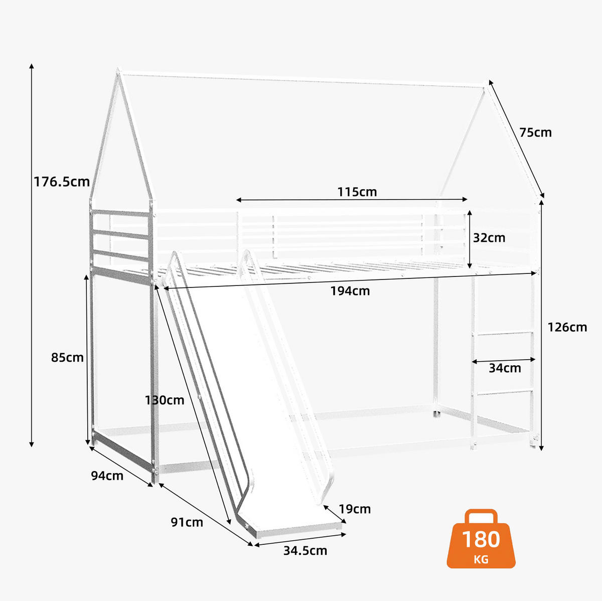 ETAGENBETT 90/200 cm weiß aus Eisen mit Rutsche und Leiter - Weiß, Metall (90/200cm) - OKWISH