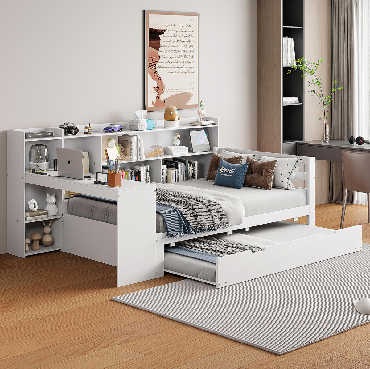 MULTIFUNKTIONSBETT 90x200 cm in Weiß mit Ausziehbett, Schreibtisch und Steckdose - Weiß, Holzwerkstoff (90/200cm) - IVMEU