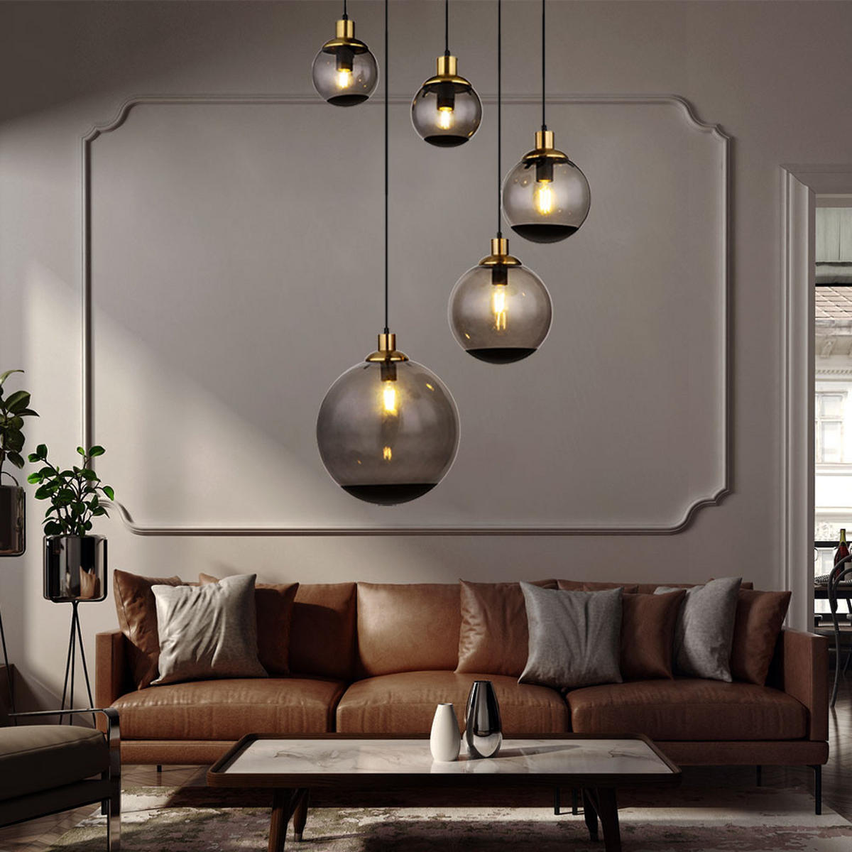 HÄNGELEUCHTE Metall Schwarz 5-Flammig - Schwarz, Glas (65/65/150cm) - Globo Lighting