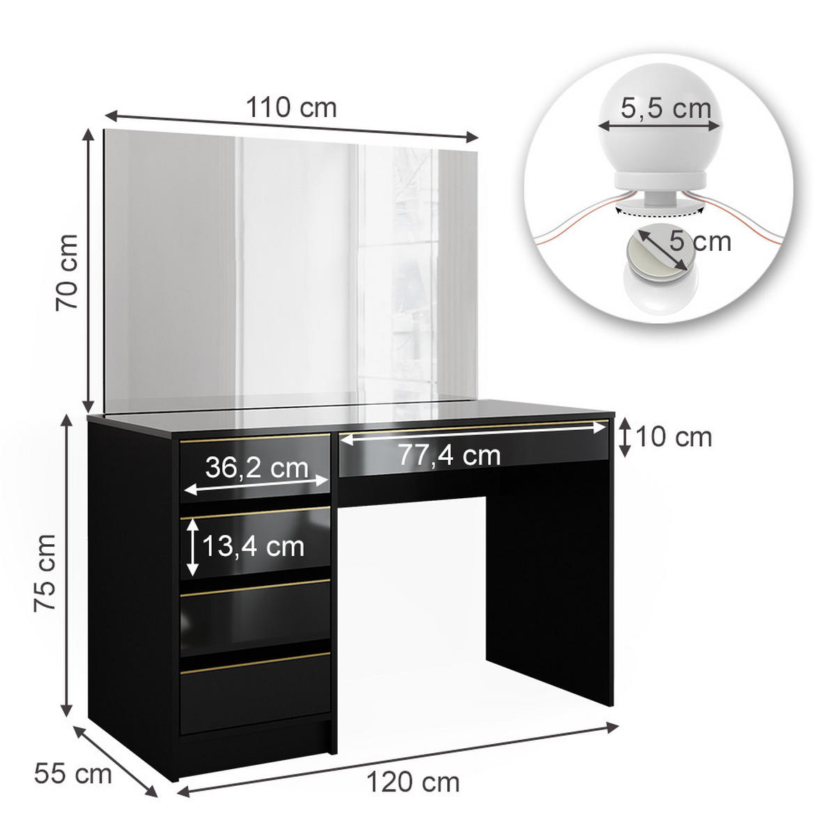 SCHMINKTISCH Sherry Schwarz/Gold 120 cm mit LED Beleuchtung - Goldfarben/Schwarz, Holzwerkstoff (120/75/55cm) - Vicco