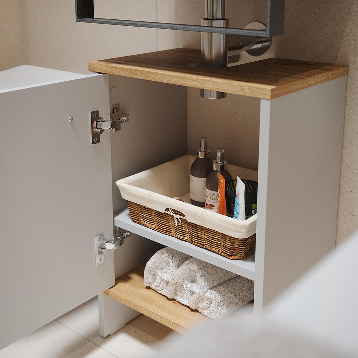 WASCHBECKENUNTERSCHRANK Karli Weiß/Goldkraft Eiche 38.2 x 57 cm mit der Tür - Weiß, Holzwerkstoff (38.2/57/26.3cm) - Vicco