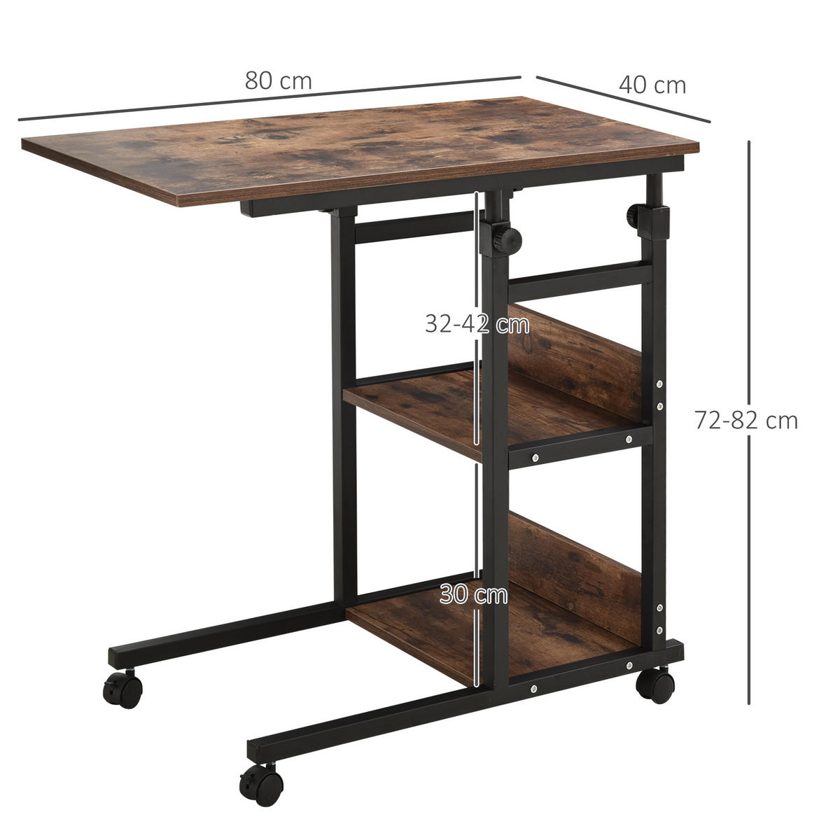 BEISTELLTISCH Couchtisch mit Rollen höhenverstellbar 2 untere Regale Esszimmer - Dunkelbraun, Kunststoff (80/40/82cm) - HOMCOM