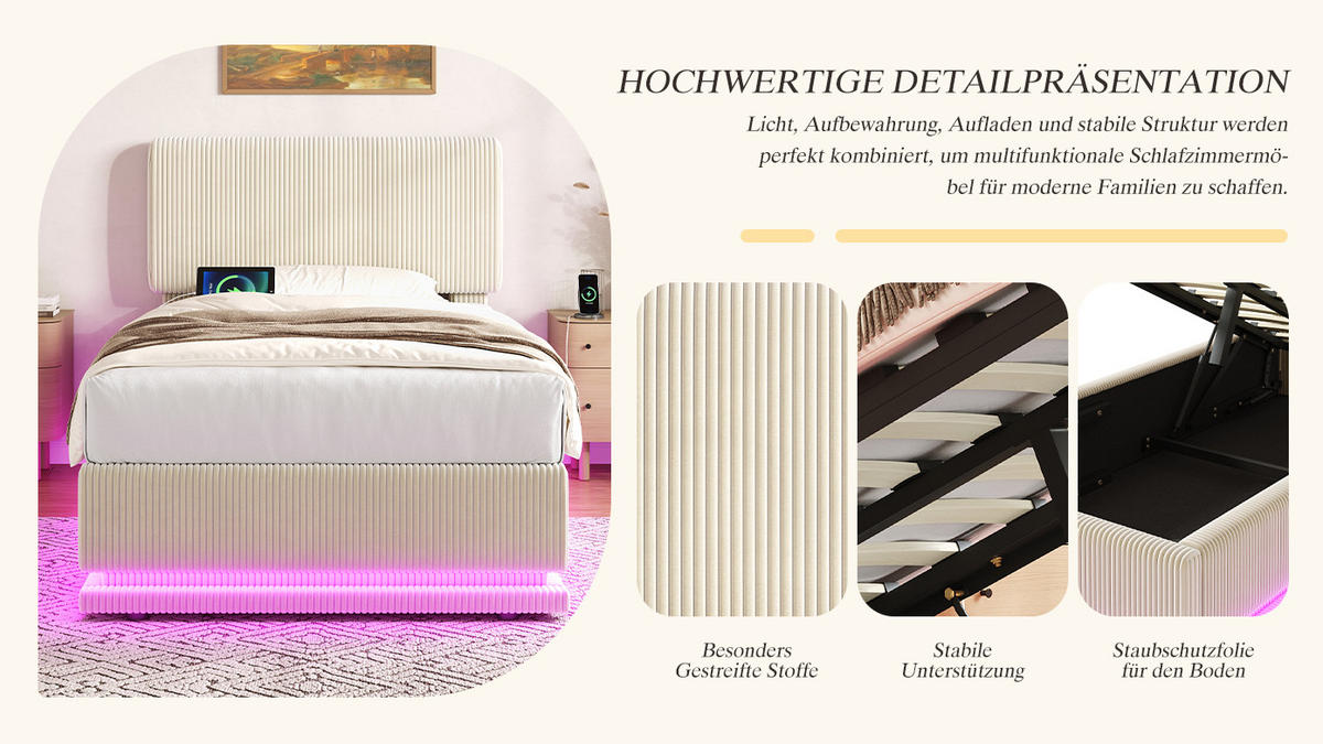 POLSTERBETT 90x200 cm LED USB Stauraum beige - Beige, Textil (90/200cm) - LEBENLANG