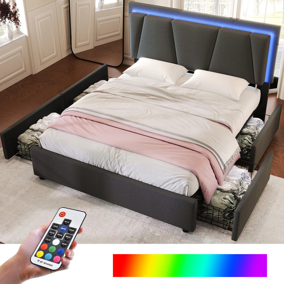 POLSTERBETT 160/200 cm Grau aus Holz mit LED-Beleuchtung - Grau, Holz (160/200cm) - OKMYHOME