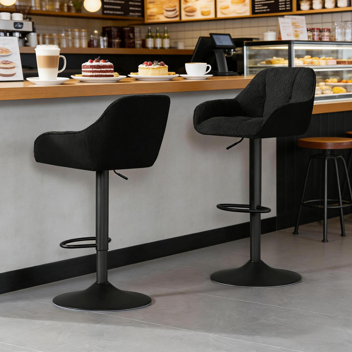 BARHOCKER 2er-Set höhenverstellbar 52 x 50 cm Chenille/Corduroy Schwarz - Schwarz, Metall (52/109/50cm) - Meubliv