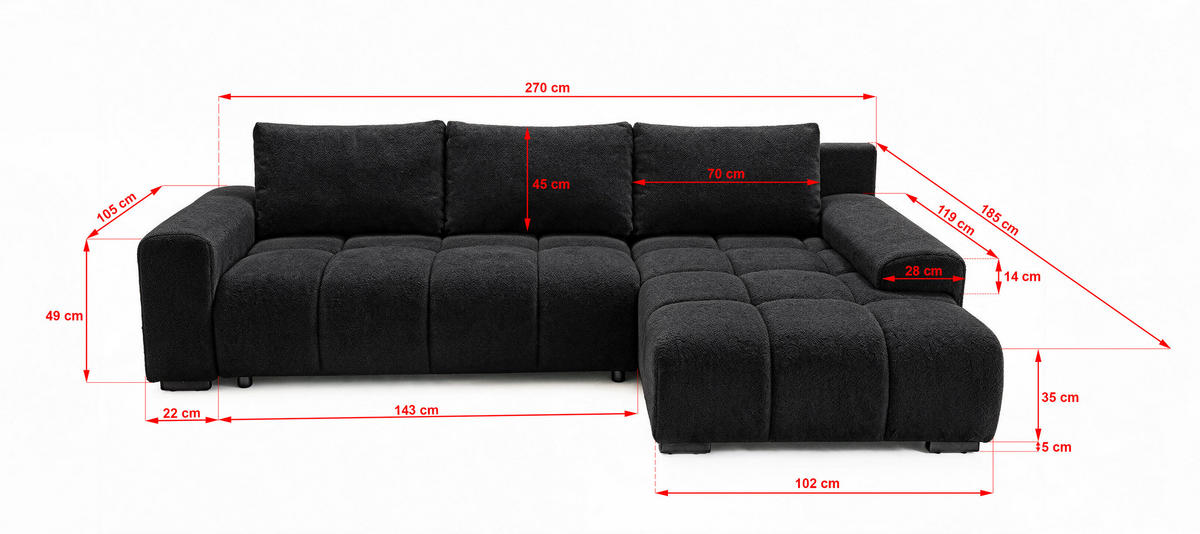 ECKSOFA Ovia mit Bettkasten und Schlaffunktion, Bouclé-Stoff in L-Form - Schwarz, Textil (270/185cm)