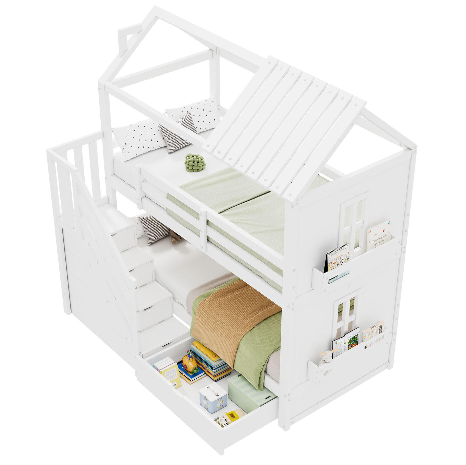 ETAGENBETT 90/200 cm mit Stauraumtreppe, Schubladen und Regalen, aus Kiefer/MDF, Weiß - Weiß, Holz (90/200cm) - Redom