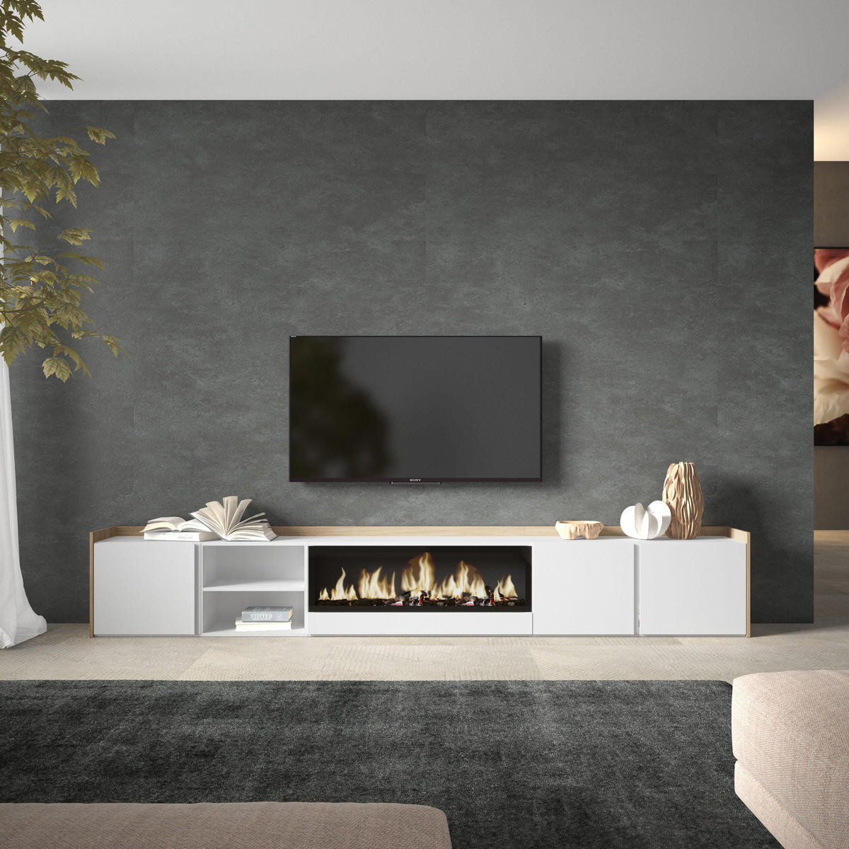 LOWBOARD, Weiß und Eiche, 315/35/50cm, Kamin mit Feuereffekt XXL - Weiß, Holzwerkstoff (315/50/35cm) - Skraut Home
