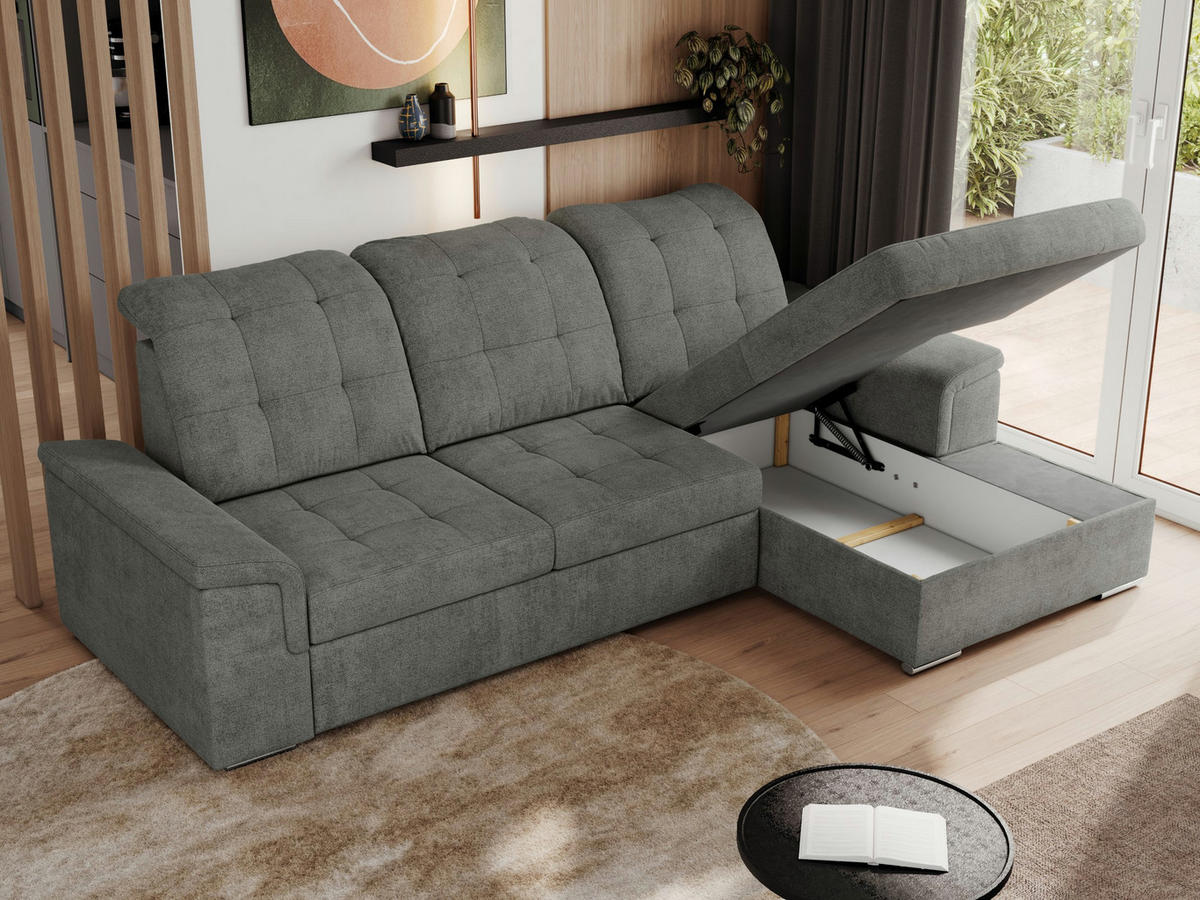 ECKSOFA MADRITO L - Grau Struktur - Rechts - Silberfarben/Grau, Textil/Metall (256/160cm)
