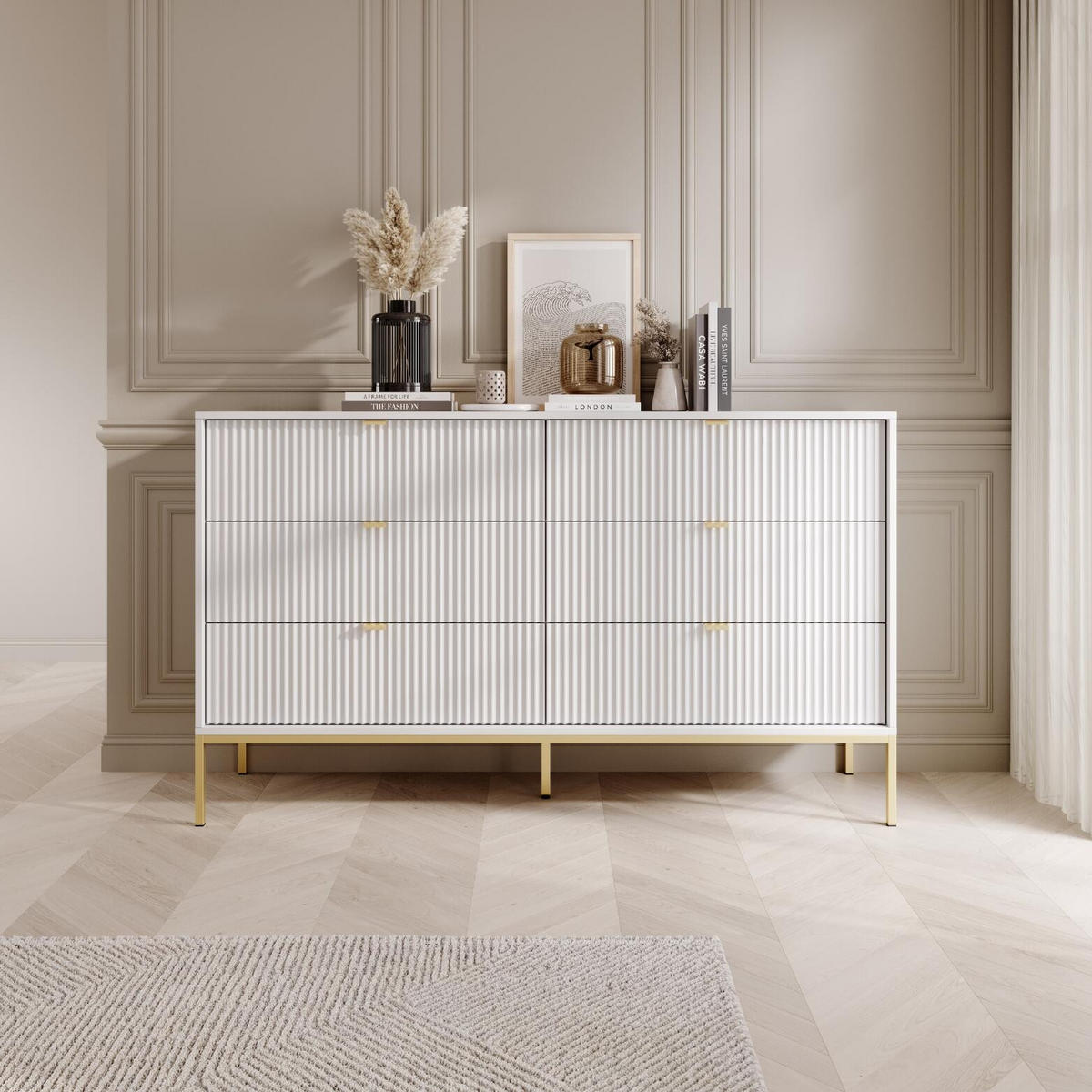 KOMMODE AVON Weiß, Gold 154x39x91 cm - Goldfarben/Weiß, Holzwerkstoff (154/91/39cm) - FURNLUX