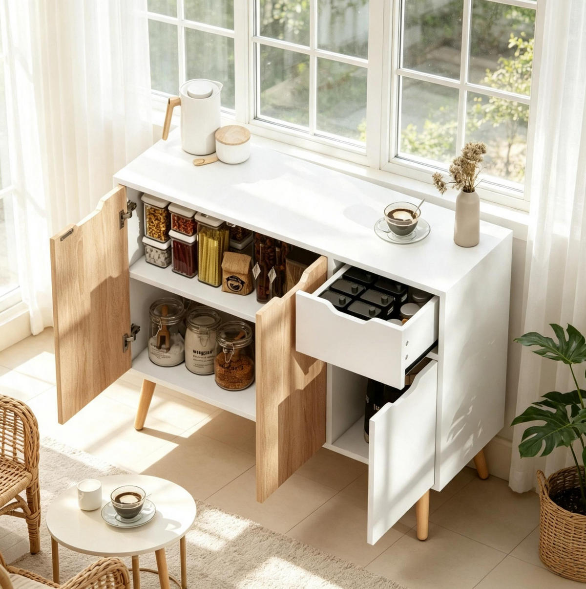 SIDEBOARD in Weiß und heller Eiche 90x30x72 cm mit 3 Türen und Schublade - Weiß, Holzwerkstoff (30/72/90cm) - IVMEU