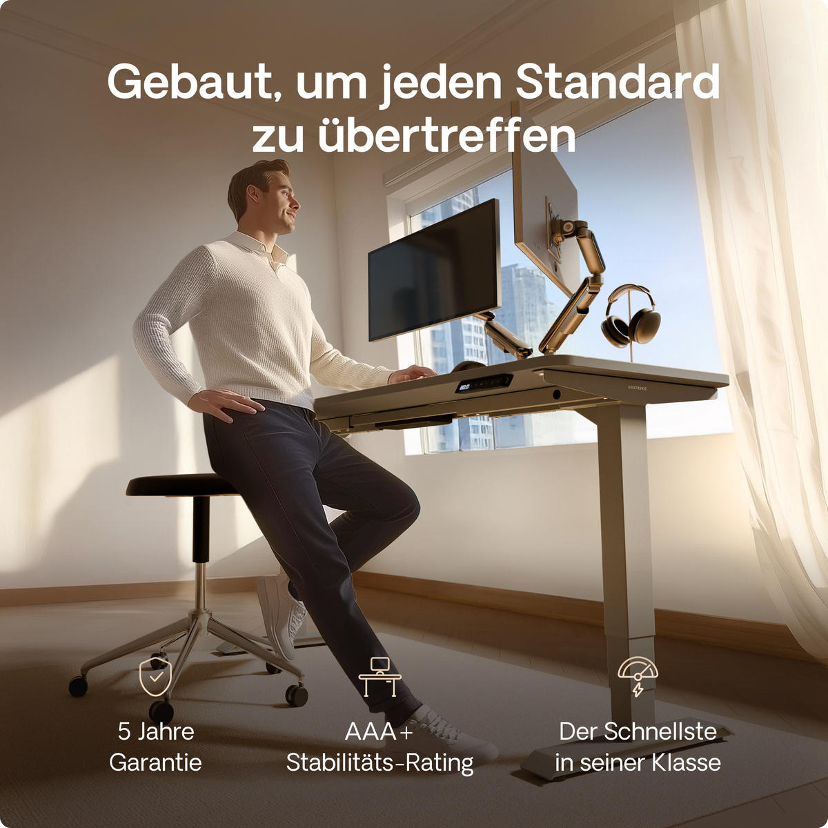 SCHREIBTISCH Elektrisch Höhenverstellbarer HomePro 120x60cm Grau/Grau mit Memory-Funktion, Anti-Kollisions Technologie - Grau, Holzwerkstoff (60/120/62cm) - Desktronic