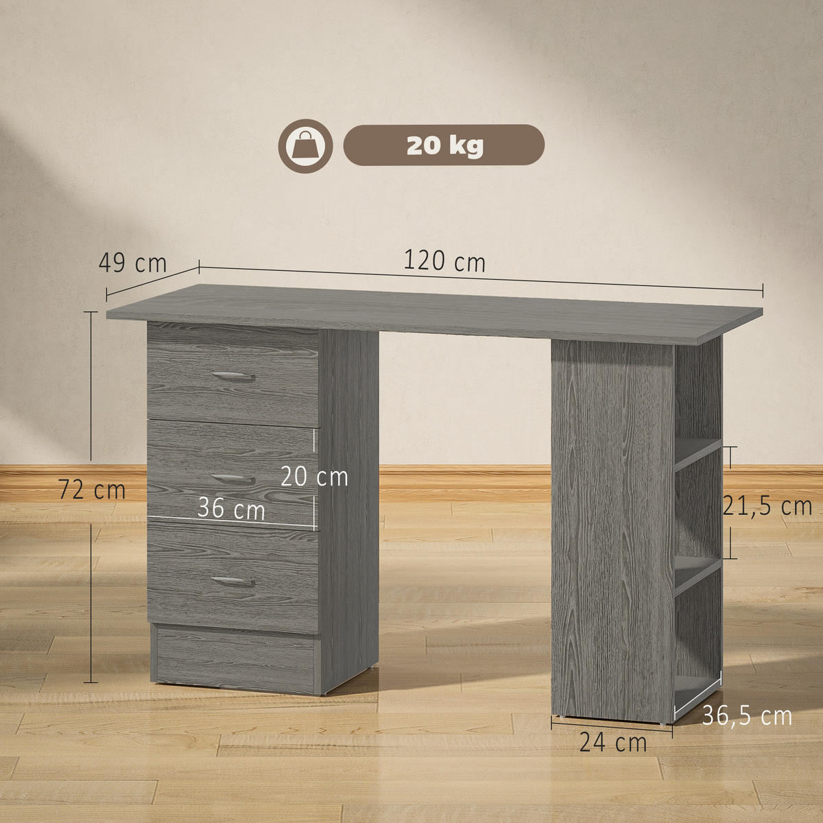 SCHREIBTISCH Grau mit 3 Schubladen und 3 Regalfächern 120/49/72 cm - Grau, Holzwerkstoff (49/120/72cm) - PANGIVO