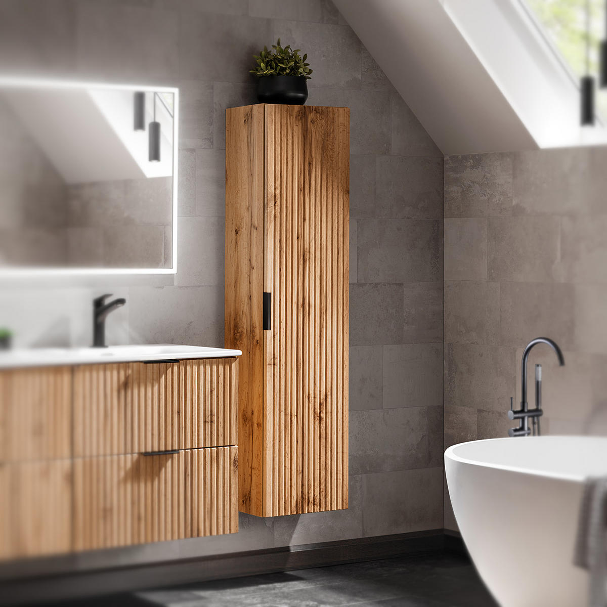 HOCHSCHRANK ADEN SZK1 Profilierte Fronten Eiche - Eichefarben, Holzwerkstoff (35/140/25cm) - Komodee