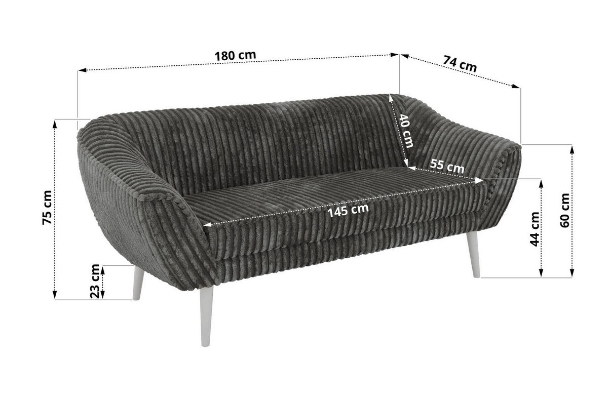 TŘÍMÍSTNÁ POHOVKA PIRS 3 - Šedá Manšestr - Bílé nohy - šedá/bílá, kompozitní dřevo/textil (180/75/74cm) - MKS