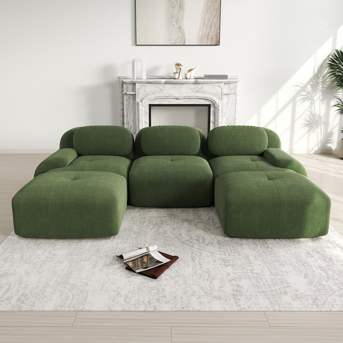 WOHNLANDSCHAFT Cord Grün montagefrei und rutschfest - Grün, Textil (298/75/178cm) - WISHDOR
