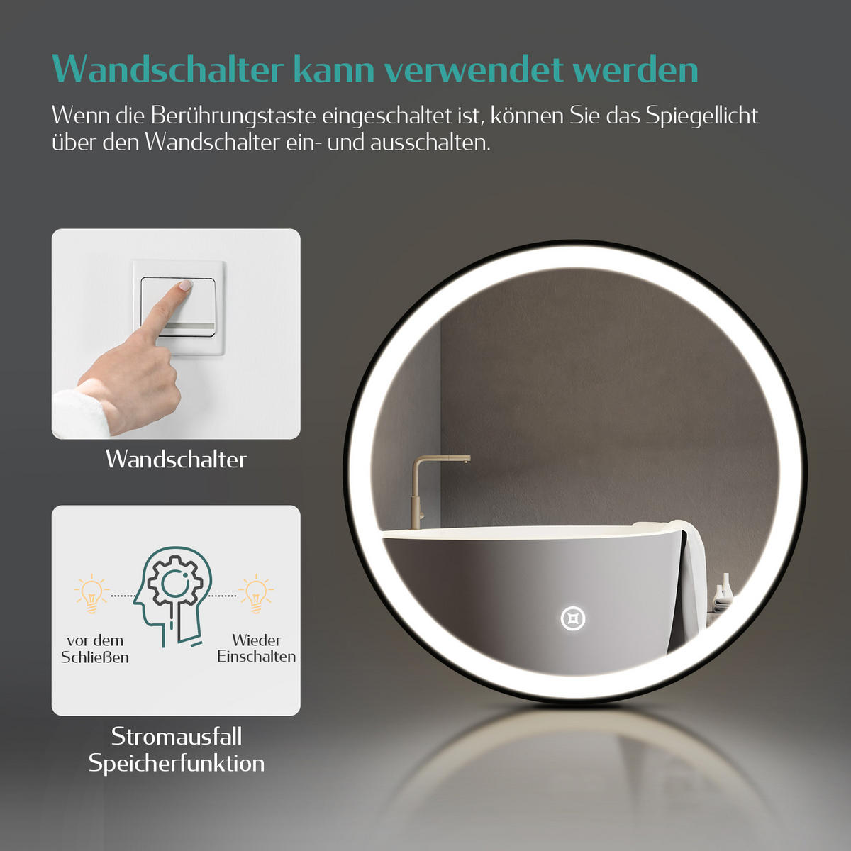 BADSPIEGEL Rund mit Beleuchtung mit Hängeriemen Schwarz ф60 cm - Schwarz, Glas (60/3/60cm) - EMKE