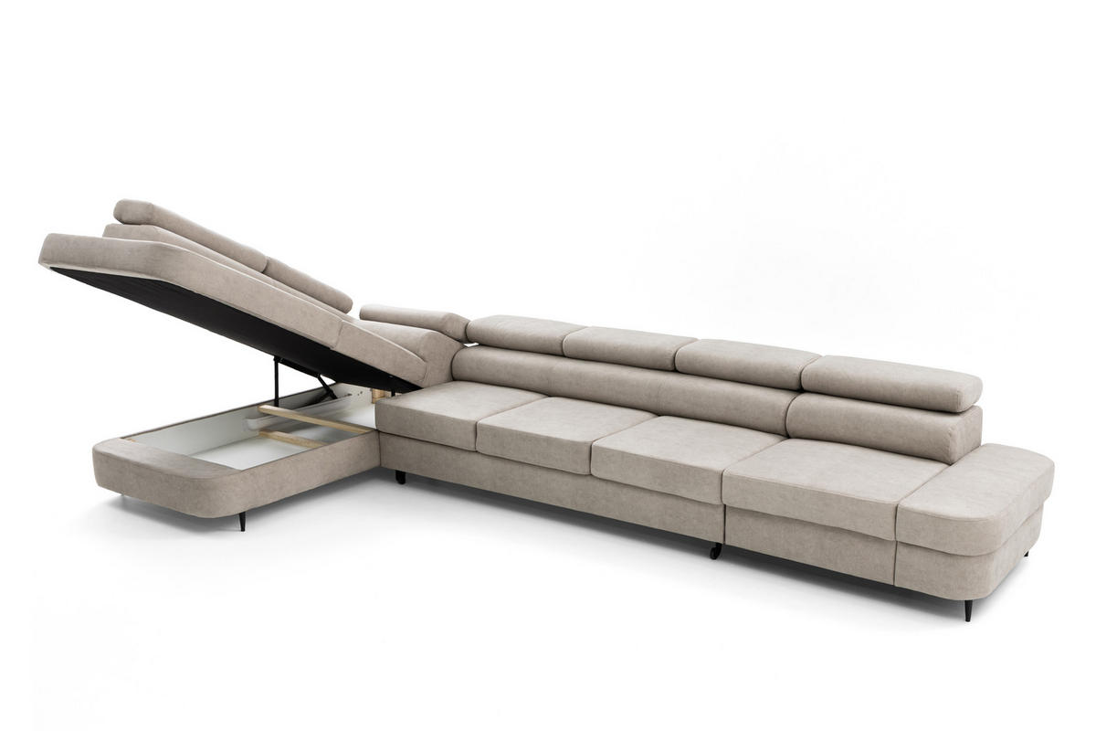 ECKSOFA PRIAM XXL L-Form Links mit Schlaffunktion 125x265 Velours Creme - Creme/Schwarz, Holz/Textil (203/420cm) - Muffo