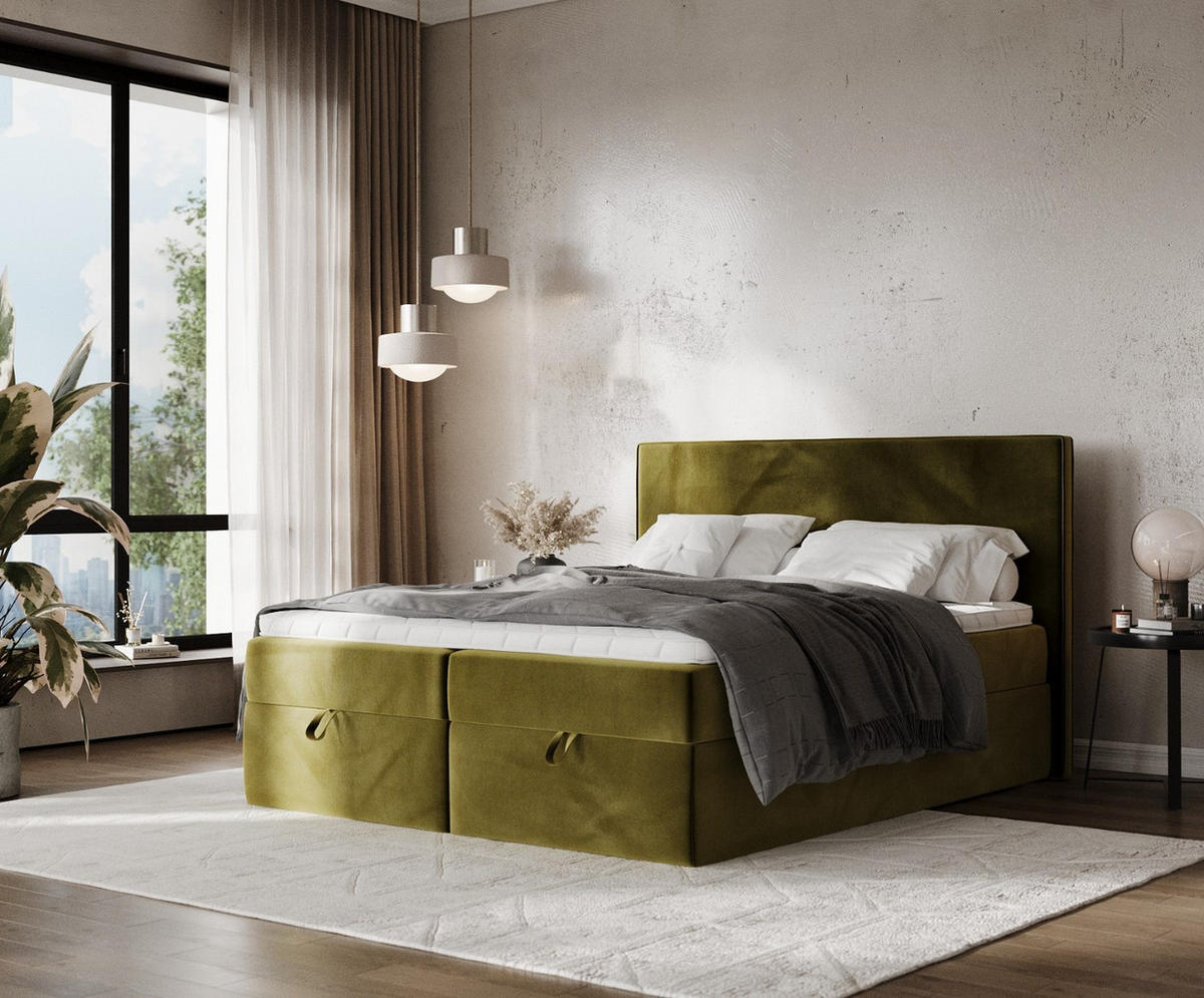 BOXBETT Velma 160/200 cm Olivgrün im Kronos Stoff - Schwarz/Olivgrün, Holz/Holzwerkstoff (160/200cm) - AltaBeds