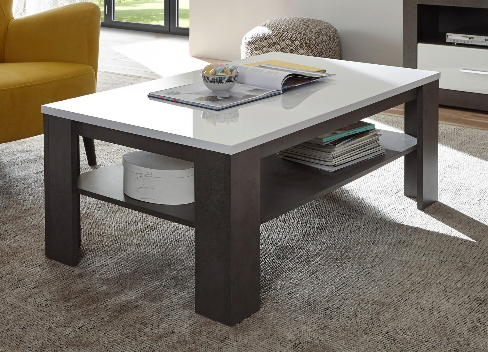 COUCHTISCH weiß Hochglanz, grau Stone 118 x 72 cm, Beistelltisch mit Ablage - Weiß Hochglanz/Grau, Holzwerkstoff (118/73/46cm) - Furn.Design