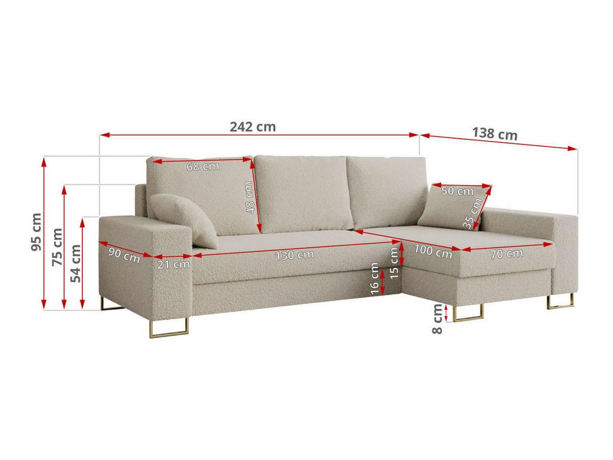 ECKSOFA Dorian Boucle Beige - Beige/Goldfarben, Textil/Metall (242/138cm) - MKS