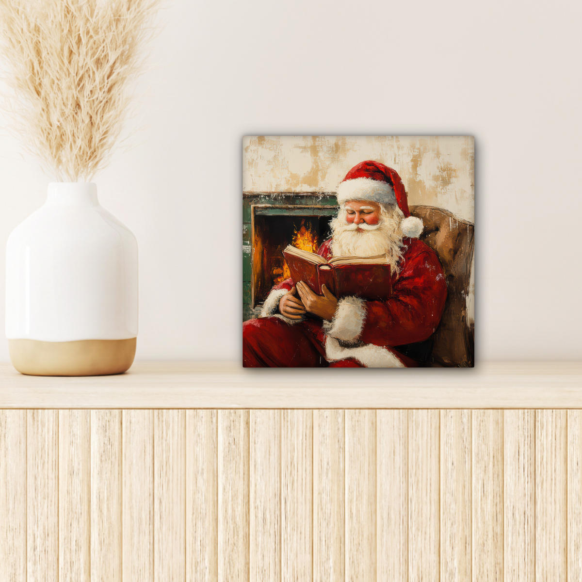 LEINWANDBILD Weihnachten - Weihnachtsmann - Winter - Open Fireside 20x20 cm - Dunkelrot, Textil (20/20cm) - MuchoWow