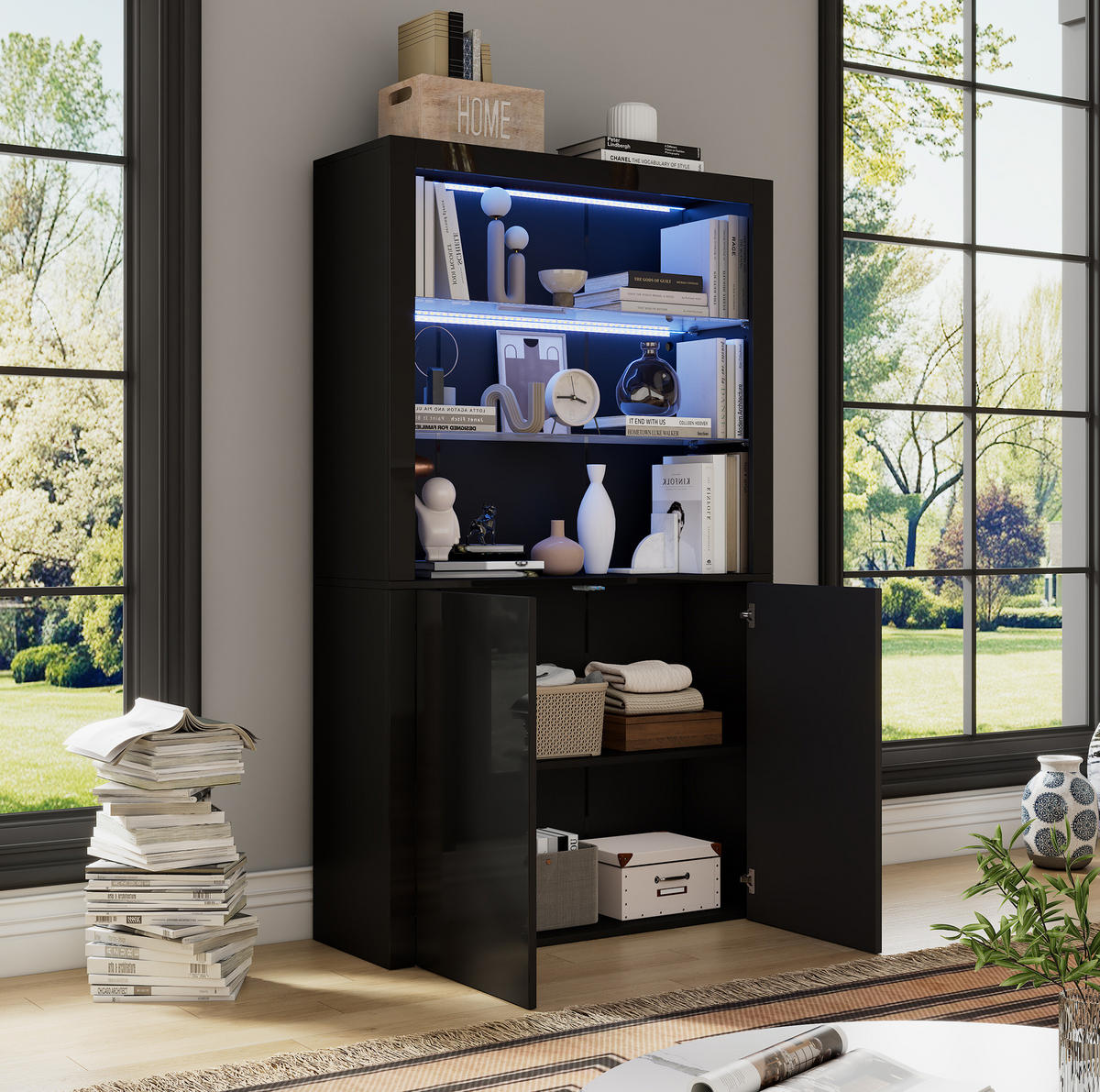 VITRINE mit LED 100 x 35 x 170 cm Hochglanz Schwarz - Schwarz, Glas (35/170/100cm) - Beauniv