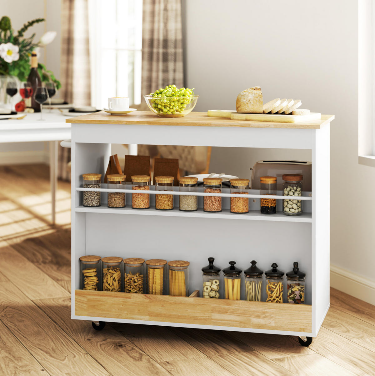 KÜCHENINSEL 107/50/85 cm eiche aus Holz mit Rollen und Soft-Close-Tür - Eichefarben, Holz (107/85/50cm) - OKWISH