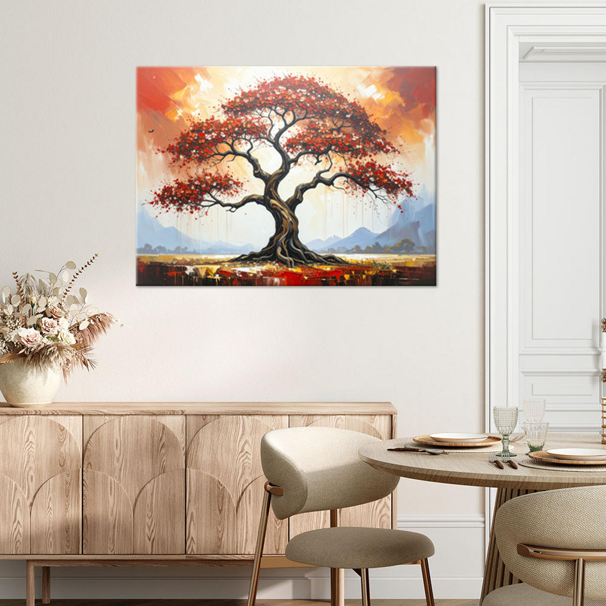 LEINWANDBILD Roter Baum des Lebens Landschaft 120x80cm - Rot, Textil (120/80cm) - Feeby