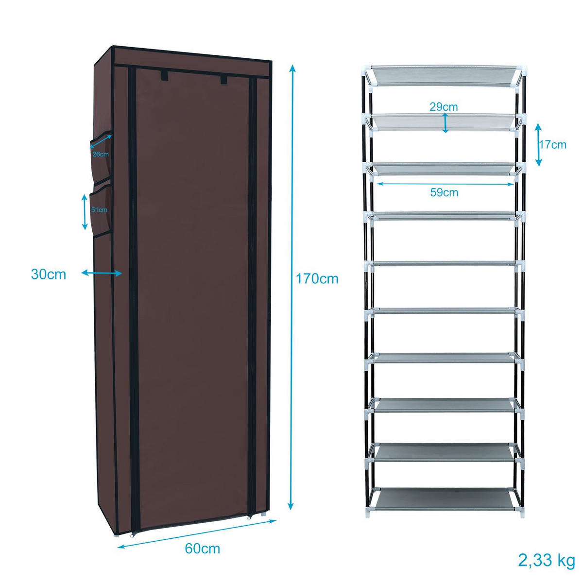 STOFFSCHRANK Faltschrank 170/58/28 cm - Braun, Textil (28/9/58cm) - Intirilife