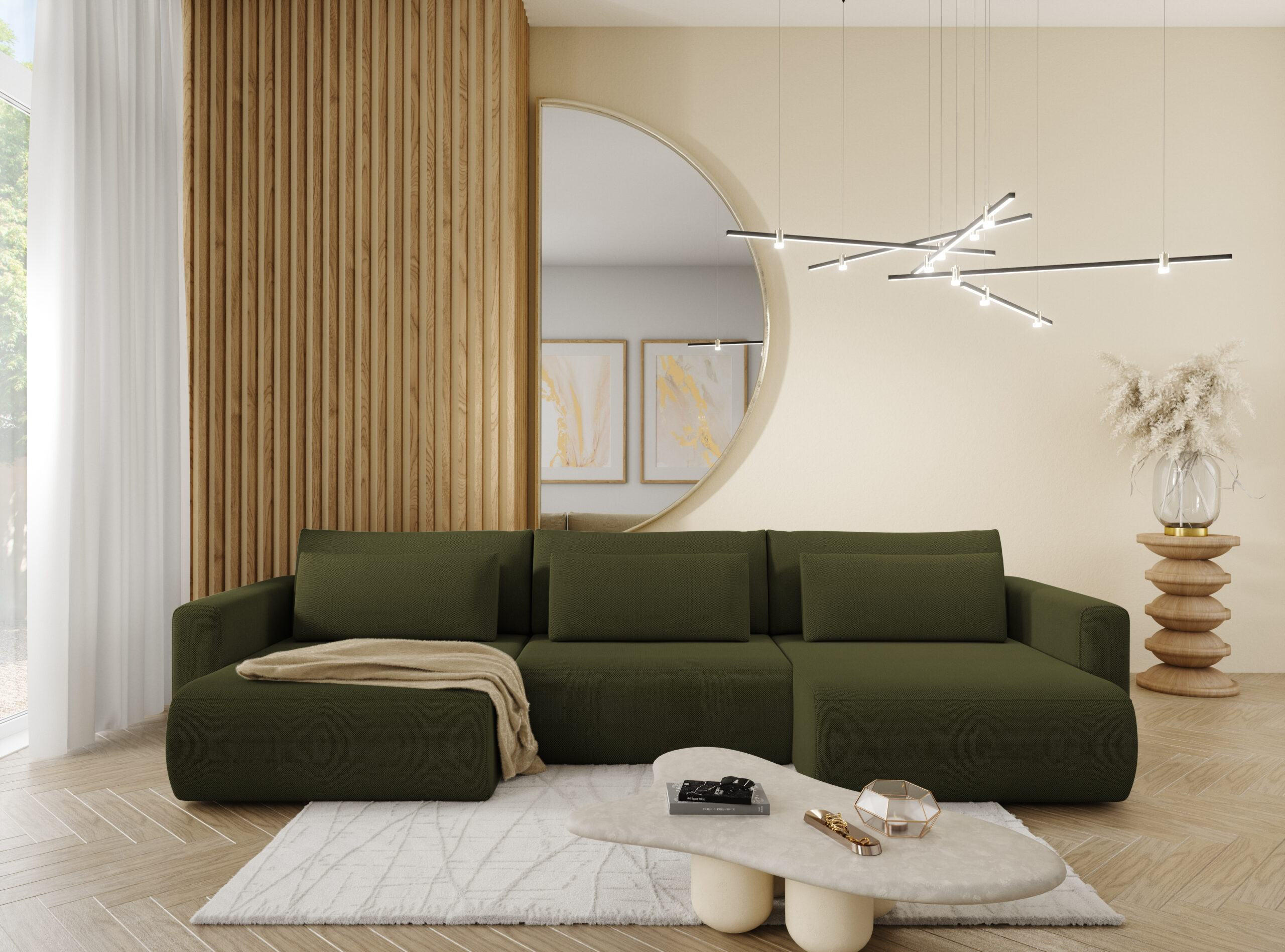 WOHNLANDSCHAFT mit Schlaffunktion U Grün olive - Dunkelgrün, Textil (340/70/149cm) - Furnisell