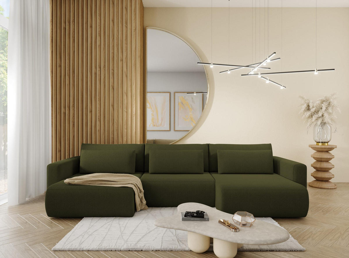 ECKSOFA mit Schlaffunktion U Grün olive - Dunkelgrün, Textil (340/149cm) - Furnisell