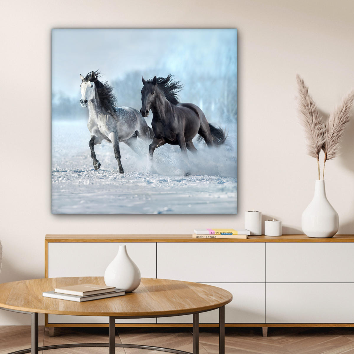 LEINWANDBILD Pferde - Winter - Tiere - Natur - Schnee 90x90 cm - Anthrazit, Textil (90/90cm) - MuchoWow