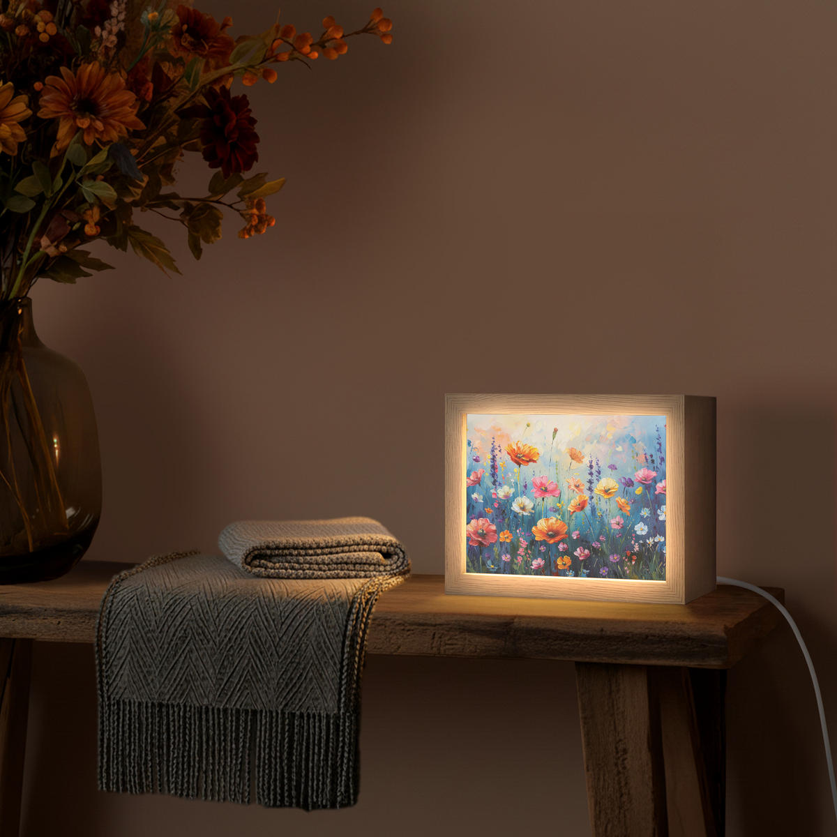 NÁSTĚNNÁ LAMPA Květiny - Příroda - Akvarel - Umění 20x15 cm - různobarevná, kompozitní dřevo (20/15/8cm) - OnlyWow