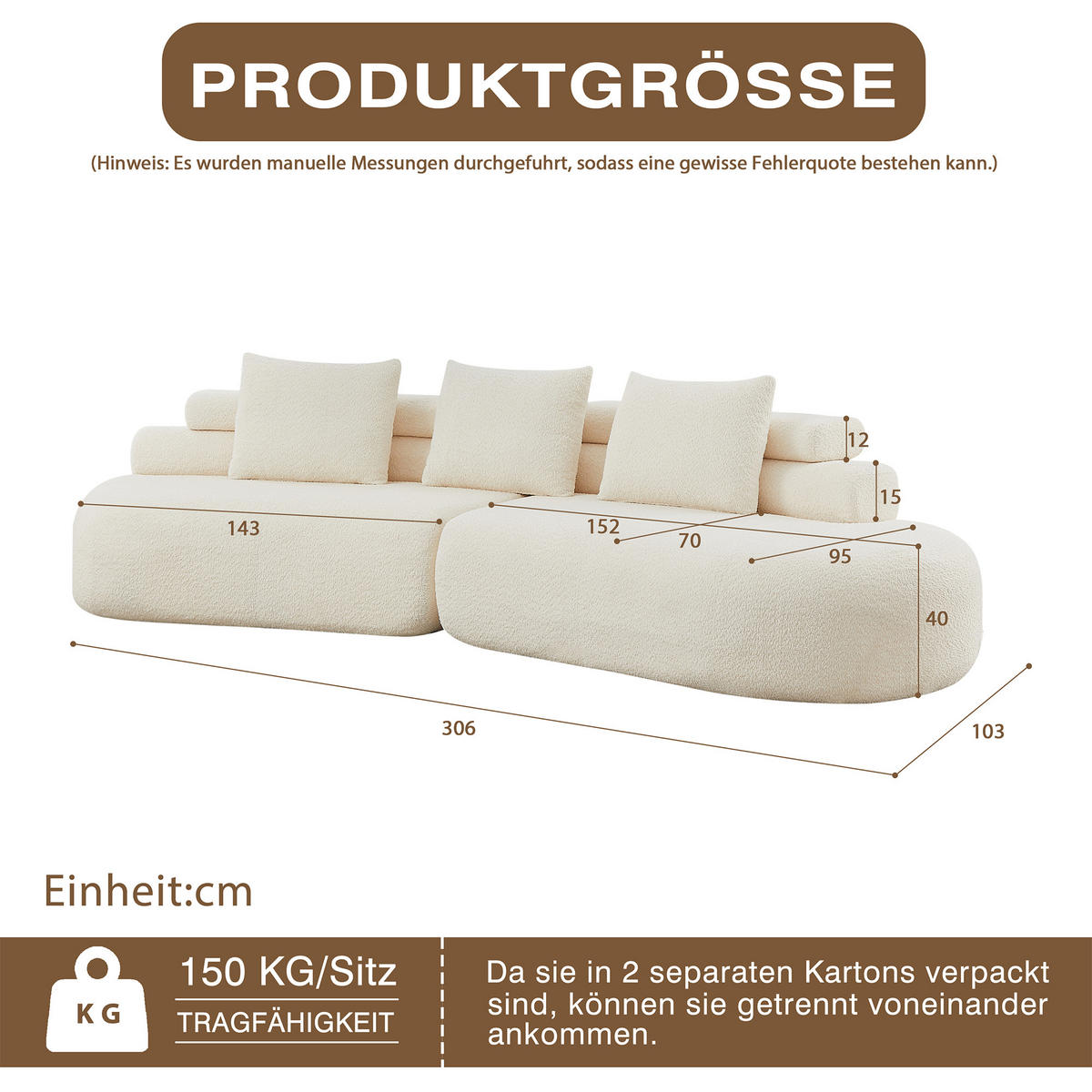 MODULSOFA 2-teilig geschwungen mit 3 Rückenkissen, DE-42897, Cremeweiß - Beige, Textil (306/67/103cm) - ComfortXL