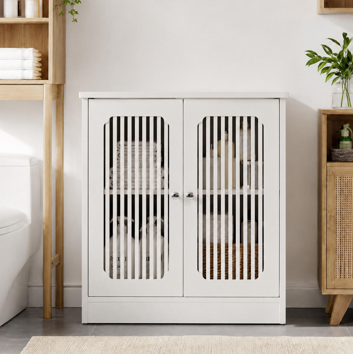 WASCHTISCHUNTERSCHRANK aus MDF 60x30x60 cm und Spanplatte Weiß mit Lamellenfront, verstellbarem Einlegeboden und Stauraum - Weiß, Holzwerkstoff (60/60/30cm) - Modfu