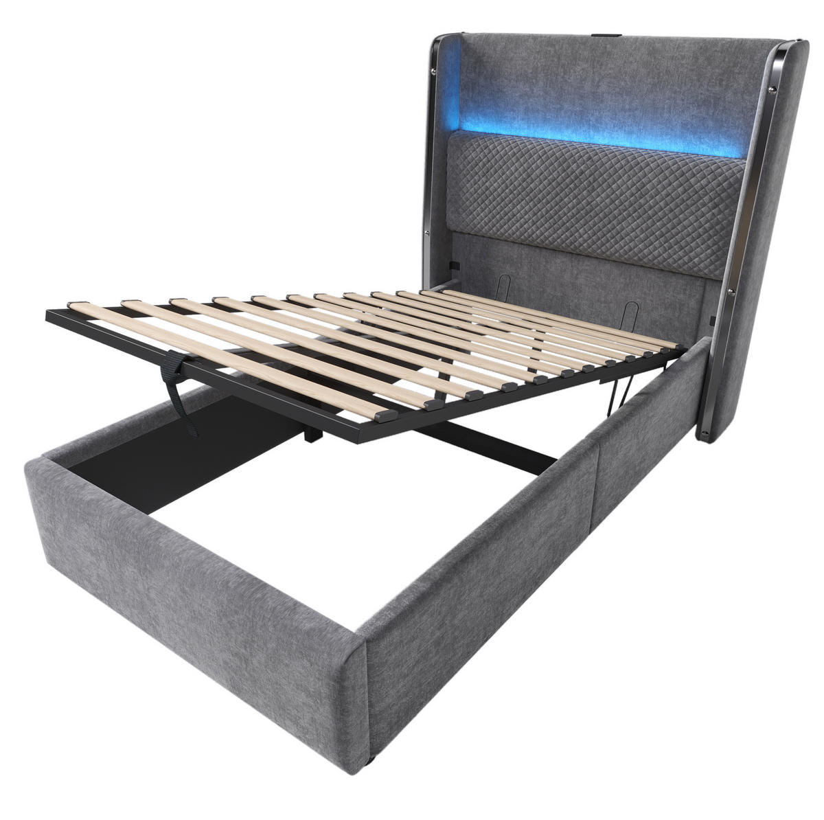 BETT hydraulisch 90x200 cm Leinenoptik Grau mit Matratze - Grau, Metall (90/200cm) - Meubliv