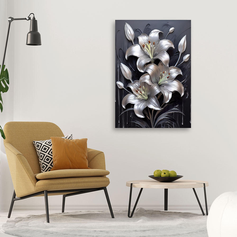 LEINWANDBILD Lilienblume Silber lackiert 40x60cm - Silberfarben, Textil (40/60cm) - Feeby