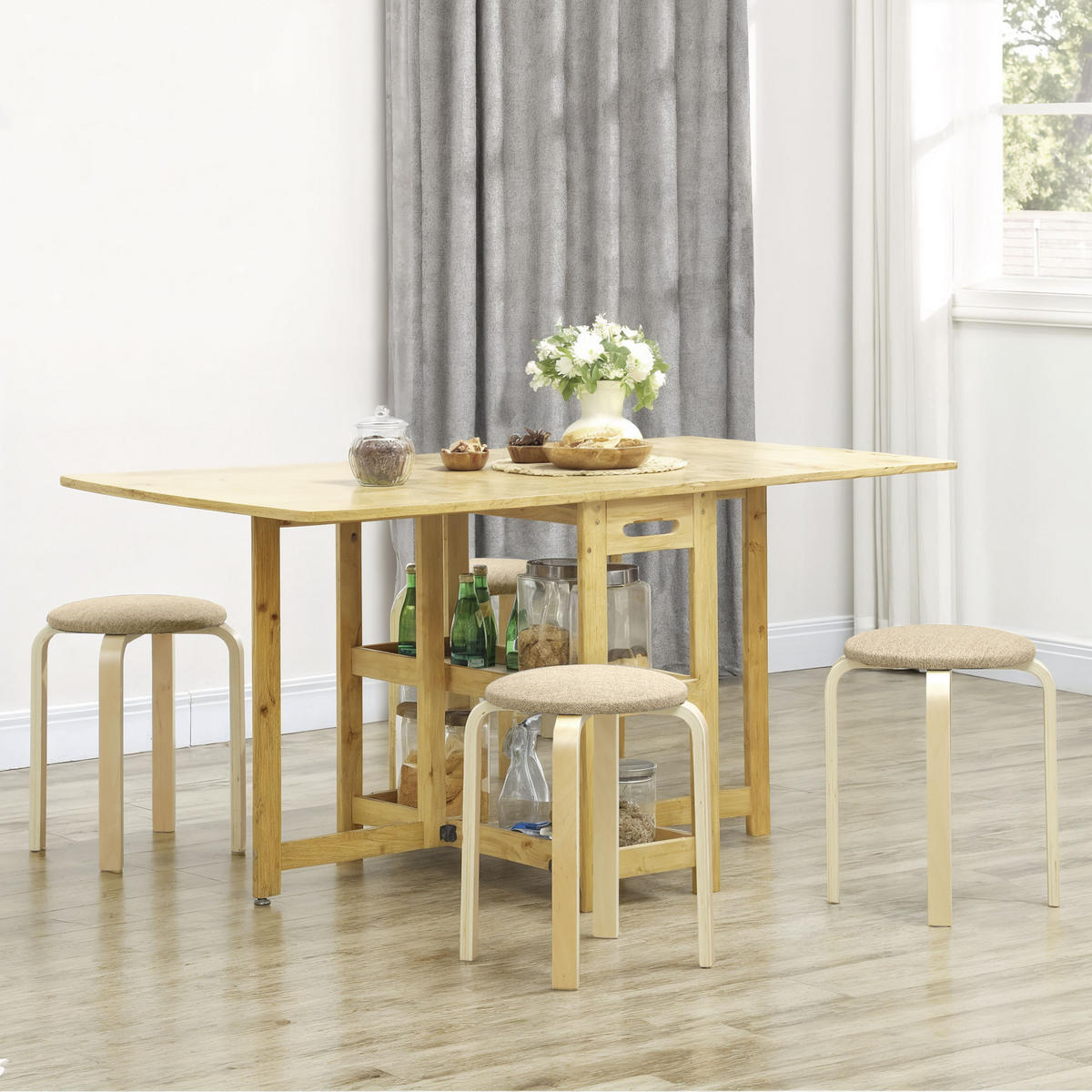 HOCKER 4er Set Holzwerkstoff Polyester Khaki - Naturfarben/Braun, Birkenholz/Holzwerkstoff (40/45/40cm) - HOMCOM