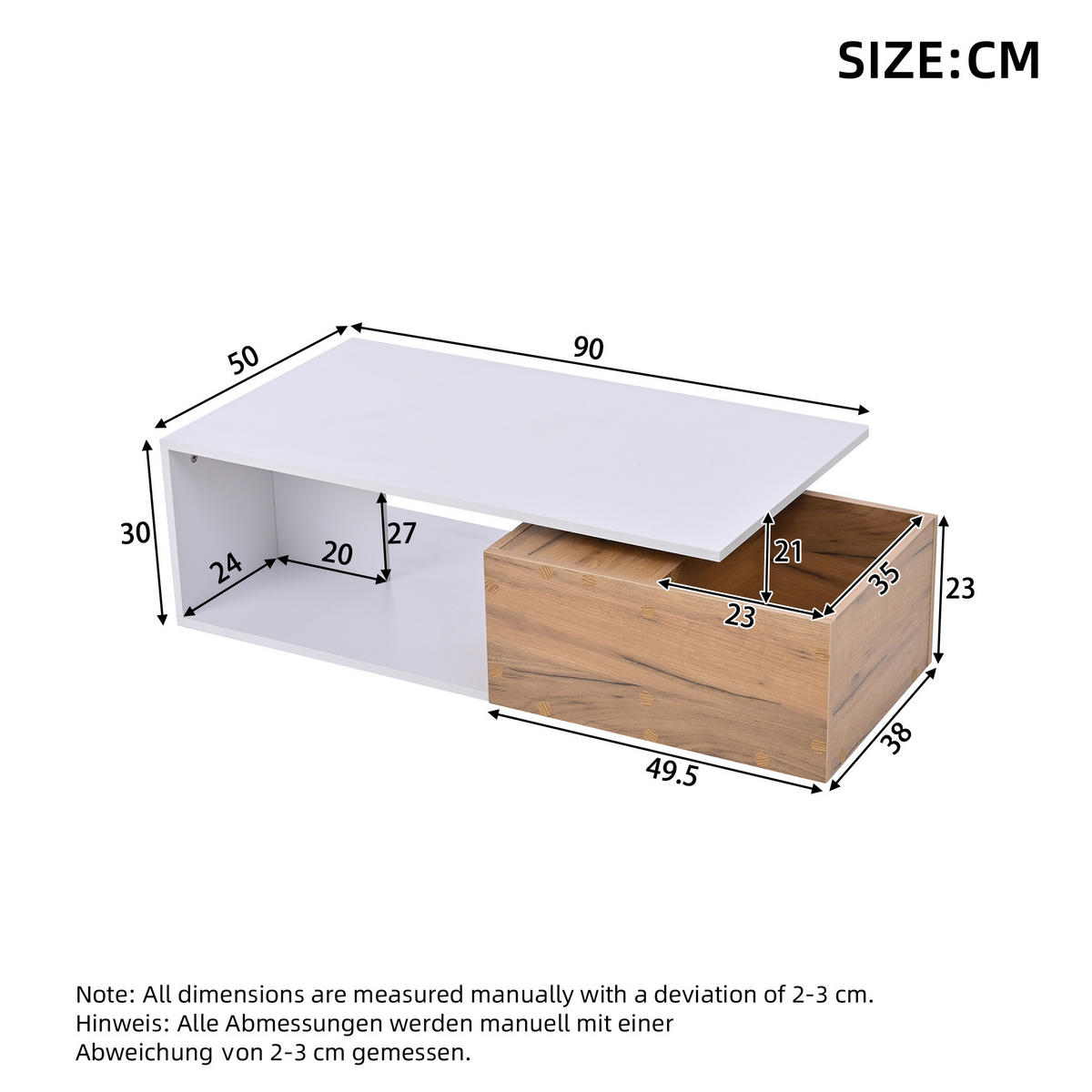 COUCHTISCH 90/50/30 cm Weiß mit 360° drehbarer Schublade und offenem Stauraum - Eichefarben, Holzwerkstoff (90/50/30cm) - OKWISH
